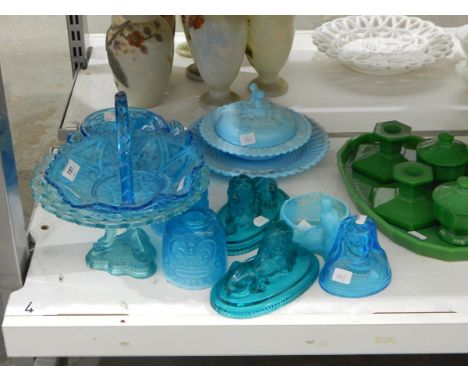 Quantity of Victorian and later blue pressed glass including a bust of Queen Victoria by Thomas Kidd, 9cm high, a pair of lio