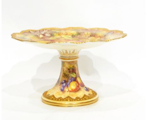 Mid 20th century Royal Worcester porcelain pedestal comport, serpentine gadrooned gilt border with shell detailing, handpaint