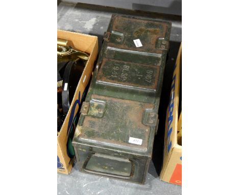 Military metal small trunk marked 'B1671BLSP 1941' with padlock 