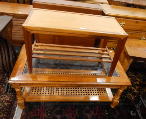 Rectangular top coffee table with inset glass panel, canework panelled shelf below, on turned legs, length 101cm together wit