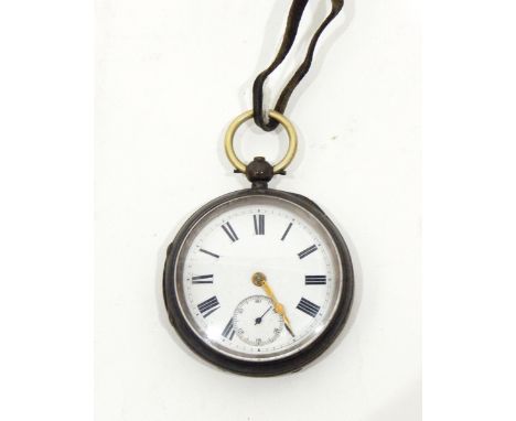 Silver open-faced pocket watch, the case with engine-turned decoration and the enamel dial with Roman numerals and subsidiary