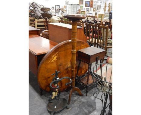 Edwardian walnut lady's sewing table on turned supports with shelf below, an inlaid walnut oval-topped table, an oak plant st