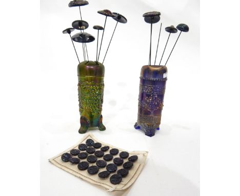 Green carnival glass hat pin stand of cylindrical form decorated with fruiting vines, another with floral decoration with con