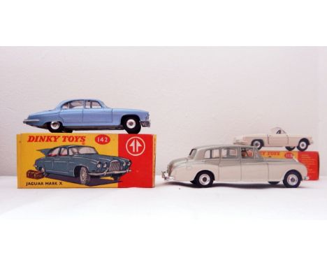 Dinky Jaguar MKX, the boot containing bag and trunk, boxed, Dinky MGB Sports Car (driver missing), boxed and an unboxed Dinky