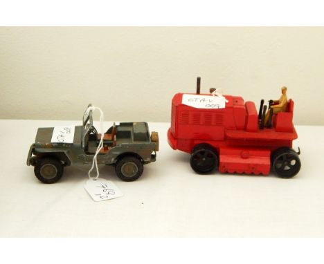 Dinky Supertoys heavy tractor having red painted body, black wheels (lacking caterpillar tread) together with Dinky Toys US J