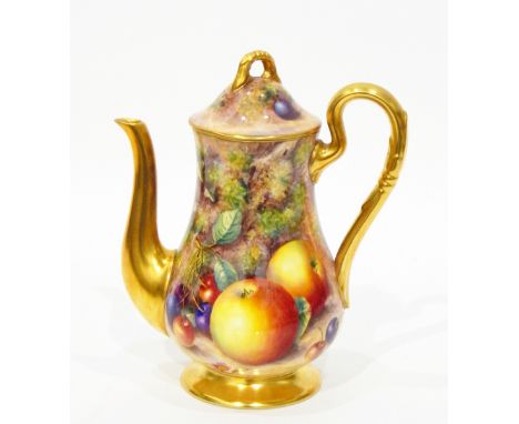 Mid 20th century Royal Worcester porcelain baluster-shaped coffee pot with gilt moulded handle, spout and pedestal base, the 