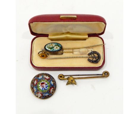 Micro mosaic circular floral-pattern brooch with floral enamel stop pin, two further pins and a fox-head tie pin 