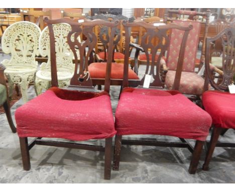 Pair of Chippendale-style mahogany dining chairs with pierced gothic splats, upholstered stuffover seats, on square legs unit