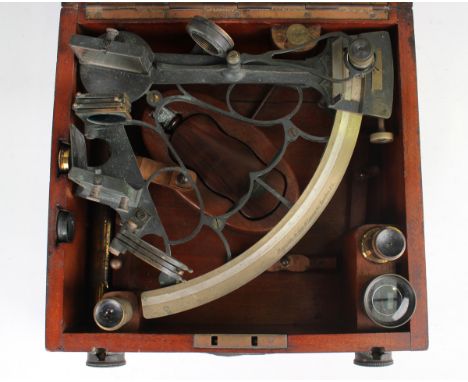 An early 20th century oxidized brass sextant, the arc with silvered scale and signed 'Reynolds &amp; Son 14 London St, London