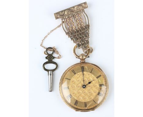An 18ct gold cased keywind open-faced lady's fob watch, the gilt cylinder movement detailed 'Baume Geneve', the inner and out