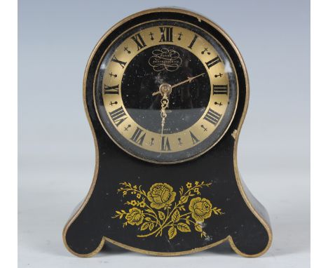 A Jaeger 'Petite Neuchâteloise' black enamelled brass balloon cased alarm clock with signed dial, the gilt chapter ring with 