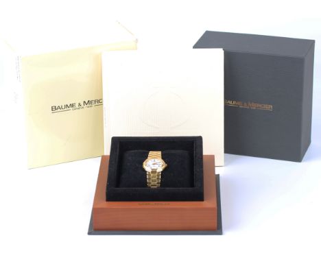 A Baume &amp; Mercier Riviera 18ct gold lady's bracelet wristwatch, the signed white dial with black Roman hour numerals, gil