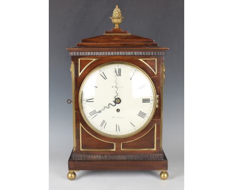 A Regency mahogany bracket timepiece with brass single fusee movement, the painted circular convex dial with Roman hour numer