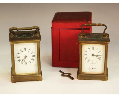 An early 20th century French brass cased carriage clock, the eight day movement striking hours and half hours on a gong, the 