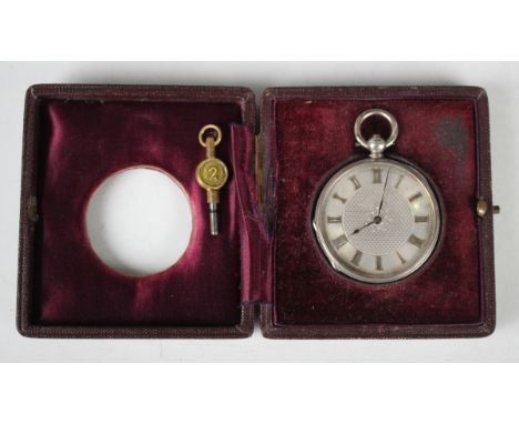 A mid-19th century silver cased keywind open-faced fob watch, the silvered engine turned dial with gilt Roman numerals, the c