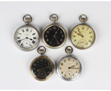 A base metal cased MoD issue keyless wind open-faced gentleman's pocket watch, the enamel dial with black Roman numerals and 