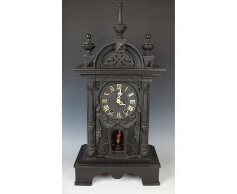A late 19th century Black Forest ebonized softwood trumpeter bracket clock by Gordian Hettich &amp; Sohn of Furtwangen, the t