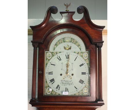 A George IV mahogany longcase clock with eight day movement striking on a bell, the 13-inch painted breakarch dial with black