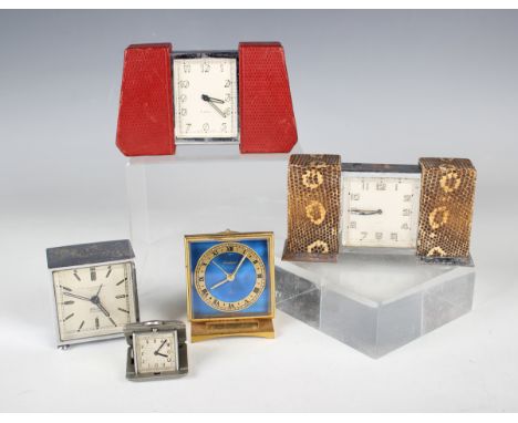 A Bucherer gilt brass and simulated lapis lazuli bedside alarm clock with eight day movement, height 6.7cm, together with a c