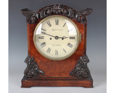 A William IV mahogany bracket clock with eight day twin fusee movement striking hours on a bell, the 8-inch circular painted 