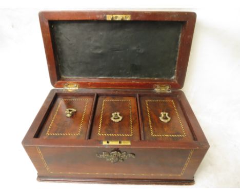 19th century inlaid mahogany tea caddy, interior with three fitted compartments, brass carrying handle and lock plate