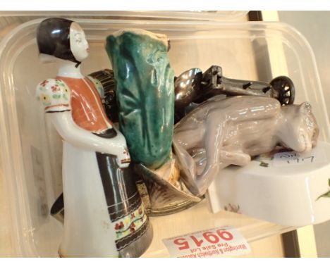 Box of collectable items Aynsley clock figurines and a Royal Copenhagen monkey 