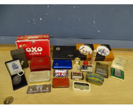 Vintage tins, Ronson lighter, miniature portrait and clock etc&nbsp;
