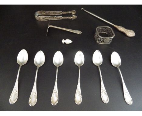 Set of 6 (800) silver spoons 60g, a silver hallmarked napkin ring Birmingham 1894 gross weight 26.12g, a silver handled hallm