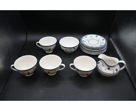 Royal Doulton Cambridge blue TC 1017 part tea service to include 4 cups and saucers, 4 side plates, milk jug and sugar bowl