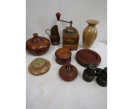 Treen pots and vases, opera glasses and vintage coffee grinder
