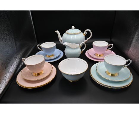 Tuscan bone china vintage pastel tea service in blue, green, pink and peach with gild to incl teapot, milk jug, 4 cups, 4 sau