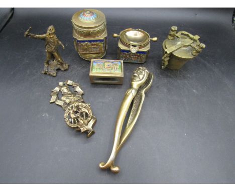 Victorian bronze drunk figure; nut crackers, Dickens door knocker, brass pots and vesta case, a brass pot containing small br