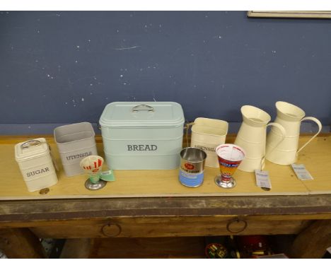 Enamel breadbin, utensil pots, jugs and Tala measures and flour sifter etc mostly new with tags&nbsp;