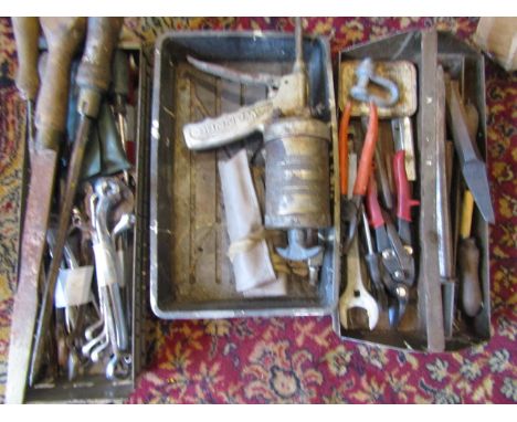 3 trays spanners, tools, grease gun etc