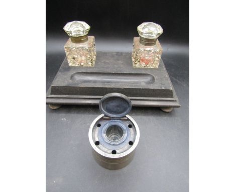 Vintage Inkwell wooden base and glass inkwells and a pewter ink well