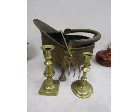 Brass coal scuttle, toasting fork and 2 brass candle sticks