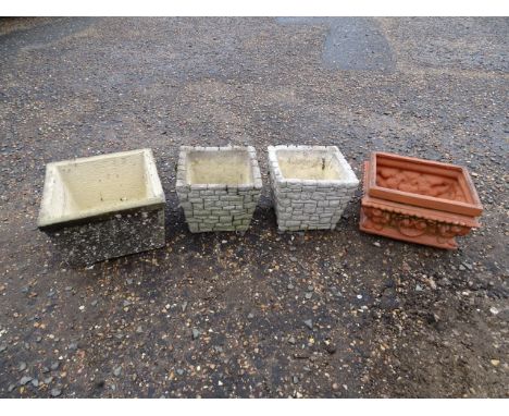 Ornate terracotta planter and 3 concrete planters&nbsp;