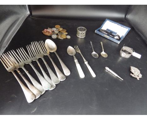 collectors lot to include a hallmarked silver napkin ring London 1888 by Edward Hutton, has some damage see pictures, E.P.N.S