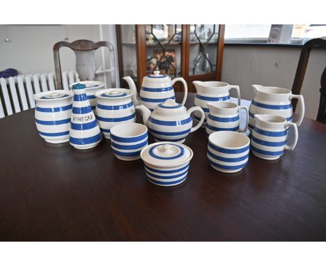 Staffordshire Pottery blue and white striped Chef Ware to incl 3 storage jars with lid, teapot, coffee pot, 3 graduated jugs,