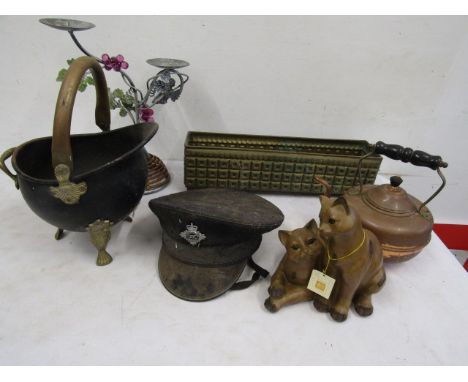 Wooden cats (cracked at base) vintage prison warden hat, brass planter, copper kettle, small scuttle and candle holder