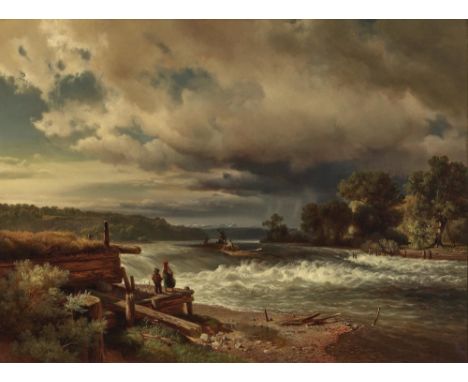 Johann Gottfried Steffan1815 Wädenswil / Kanton Zürich - 1905 MünchenFlößer im IsartalVom Ufer beobachten eine junge Bäuerin 