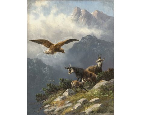 Moritz Müller1841 München - 1899 ebendaAdler im Anflug auf GemsenR. u. signiert, Ortsbezeichnung München und (18)92 datiert. 