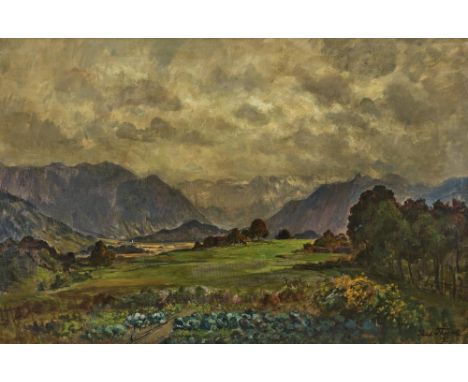 Paul Thiem1858 Berlin - 1922 StarnbergLandschaft bei MurnauR. u. signiert und (19)15 datiert. Rücks. versch. Klebeetiketten. 