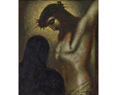 Adolf Frey-Moock1881 Jona - 1954 SteinebrunnChristus am KreuzR. u. signiert. Öl auf Hartfaser. 61 x 50,5 cm. Rest. Min. besch