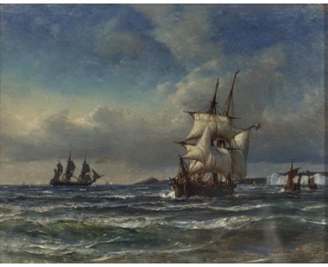 Anton Melbye1818 Kopenhagen - 1875 ParisSegelschiffe vor der KüsteR. u. signiert und 1869 datiert. L. u. signiert. Rücks. Eti