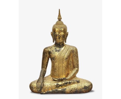 Großer sitzender Buddha Siam, um 1800 Bronze, mit Lack und Vergoldung, Augen mit Perlmutt eingelegt. Das Gewand des in paryan