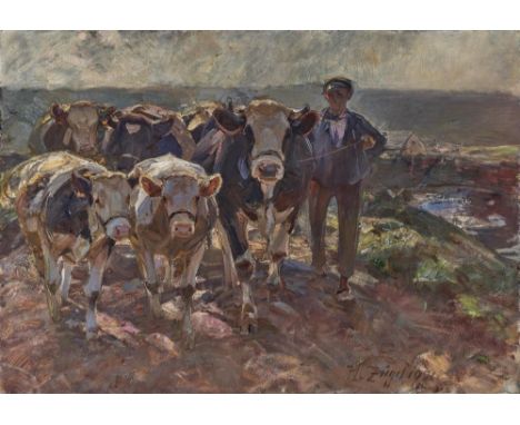 Heinrich von Zügel1850 Murrhardt - 1941 MünchenRinder mit Treiber auf der InselstraßeR. u. signiert und 1921 datiert. Öl auf 