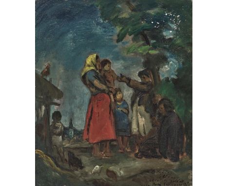Béla Iványi Grünwald1867 Somogysom - 1940 BudapestBäuerin mit Kindern im GesprächR. u. signiert, datiert 192(7?) sowie Widmun