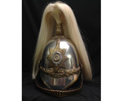 British Victorian 1871 Pattern Royal Berkshire Yeomanry Cavalry Helmet. Silvered skull. White Horse Hair Falling plume, missi