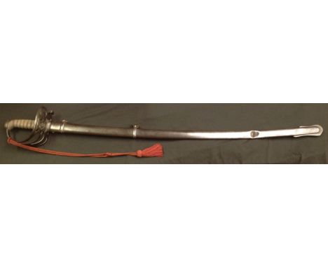 Victorian 1827 pattern Volunteer Rifles Officers Sword with single edged fullered blade 825mm in length. Etched decoration wi